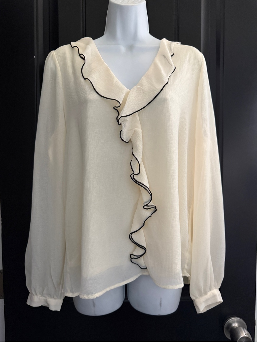 Cream Ruffle-Trim Long Sleeve Blouse - Women's Top